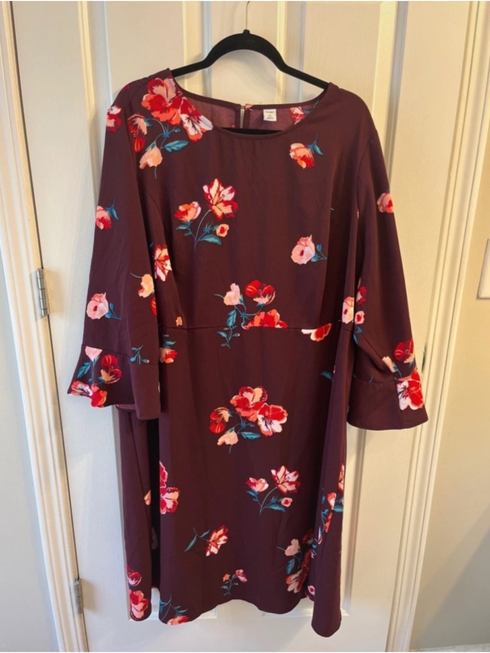Old Navy Burgundy Floral Midi Dress with Bell Sleeves